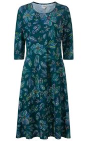grünes Viskose-Kleid mit 3/4-Ärmeln, Rundhalsausschnitt, schwingendem Rock, allover floralem Muster in Blau-, Grün- und Violetttönen