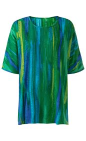 Viskose-Bluse mit kurzen Ärmeln, Rundhalsausschnitt und abstraktem Streifenmuster in Grün, Blau und Gelb, gerade geschnitten