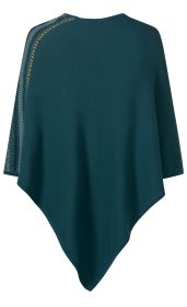 Baumwoll-Mix-Poncho in dunklem Petrol, asymmetrischer Schnitt, Rückseite komplett unifarben, linke Schulter und Seitenbereich mit buntem Jacquardmuster in Blau-, Gelb- und Schwarztönen