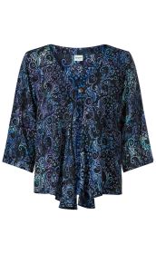 Viskose-Jacke mit V-Ausschnitt, 3/4-Ärmeln, schwarz-blau-lila gemustert mit abstraktem Paisley-Design, Knopfverschluss vorne, leichter, fließender Stoff
