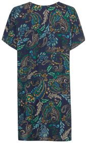 Viskose-Kaftan mit dunkelblauem Hintergrund, bunter Paisley- und Blumenmuster in Grün, Blau, Gelb und Beige, kurze Ärmel, lockere Passform, leichte, weiche Stoffstruktur, Rückenansicht