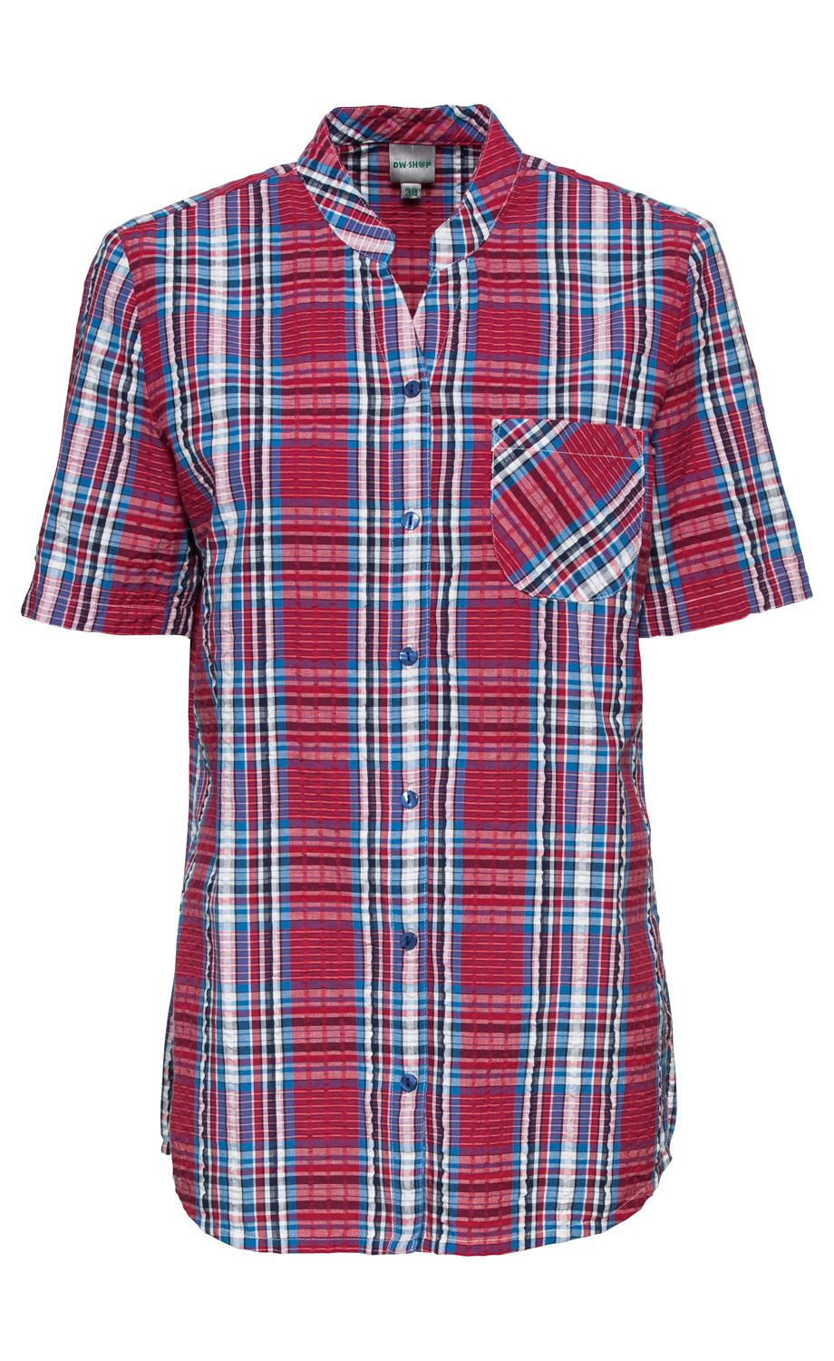 Baumwoll-Bluse mit kurzem Arm, Stehkragen, Knopfleiste und aufgesetzter Brusttasche, kariert in Rot, Blau, Weiß und Schwarz, leichte Strukturierung im Stoff, locker geschnitten