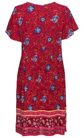 Viskose-Kleid, rot mit blau-weißen Blumenmuster, gelben und roten Blättern, kurze Ärmel, knielang, gerader Schnitt, unterer Saum mit bunt floralem Bordürendruck