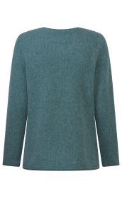 blauer damenpullover aus feinem strickstoff mit langen ärmeln und rundhalsausschnitt, rückansicht, einfachem design ohne muster oder verziertungen