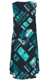 Viskose-Kleid ohne Ärmel in Dunkelblau mit abstraktem Muster aus geometrischen Formen und Linien in Türkis, Hellblau und Weiß, knielang, lockere Passform