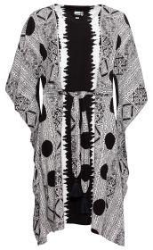 schwarz-weißer Viskose-Kaftan mit auffälligem geometrischem Muster und großen Punkten, lockerer Passform, kurzem Schnitt, Rundhalsausschnitt, Bindegürtel mit Quasten in der Taille