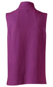 Baumwoll-Fleece-Weste in Magenta, Rückansicht, ohne Ärmel, mit Stehkragen, sichtbare Nähte, weiches und warmes Material, gerade geschnitten, schlichtes Design.