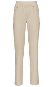 Beige Baumwoll-Mix-Hose für Damen, gerade geschnitten, mit elastischem Bund, zwei angedeuteten Taschen vorne, ohne sichtbaren Verschluss, schlichtes Design, knöchellang