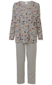Baumwoll-Schlafanzug bestehend aus grauem Langarmshirt mit buntem Katzenmuster und einfarbigen grauen langen Hosen, lockere Passform, angenehmes Material, für Damen.
