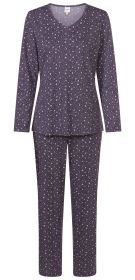 Baumwoll-Pyjama Set in Dunkelviolett mit hellgrauen, kleinen Kreisen, Langarmshirt mit V-Ausschnitt und passende lange Hose, komfortabler, lockerer Schnitt, weiche Stoffqualität