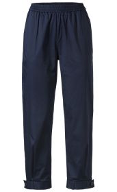 Dunkelblaue Baumwoll-Mix-Hose mit elastischem Bund, gerader Schnitt, umgeschlagene Beinenden mit Knopfverschluss, ohne Taschen, schlichtes Design.