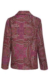 Rückansicht einer Woll-Jacke mit farbenfrohem, detailliertem Paisley-Muster in Pink, Lila und Braun, langärmlig, mit Kragen, gerade geschnitten.