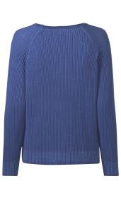 blauer Baumwoll-Pullover mit feiner Rippenstrickstruktur, Langarm, Rundhalsausschnitt, geradem Saum und dekorativen Strickmustern an Schultern und Bündchen, Rückansicht
