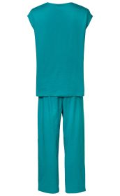 Baumwoll-Pyjama in Türkis, Zweiteiler bestehend aus kurzärmeligem Oberteil und langen Hosen, Rückansicht, locker sitzende Passform, einfarbig, angenehmes, weiches Material