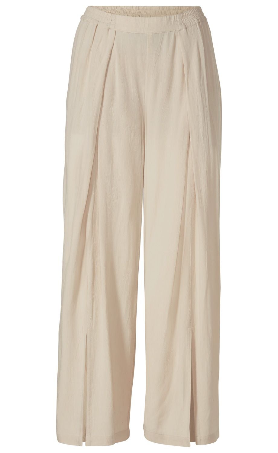 Beige Viskose-Hose mit weitem Bein, elastischem Bund, langen Seitenfalten und leichter, geschmeidiger Textur, ohne sichtbare Verschlüsse oder Taschen.