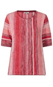 Baumwoll-Pullover mit kurzen Ärmeln, Rundhalsausschnitt, in verschiedenen Rot- und Rosatönen, fein gestrickt mit senkrechten Streifenmustern, leicht tailliert, gemütlicher Alltagsstil