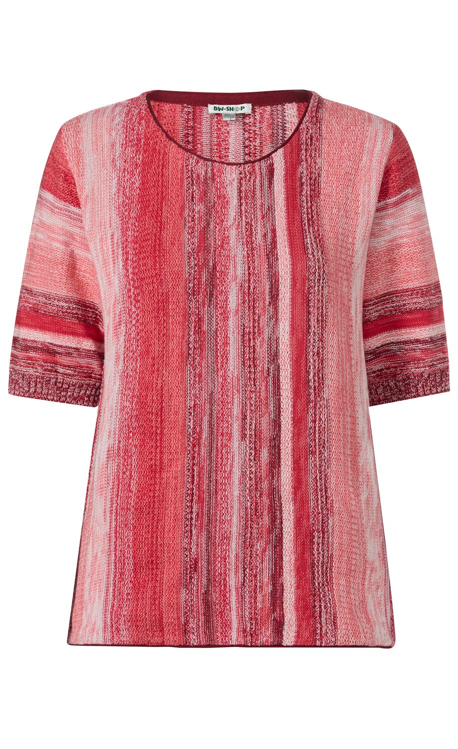 Baumwoll-Pullover mit kurzen Ärmeln, Rundhalsausschnitt, in verschiedenen Rot- und Rosatönen, fein gestrickt mit senkrechten Streifenmustern, leicht tailliert, gemütlicher Alltagsstil