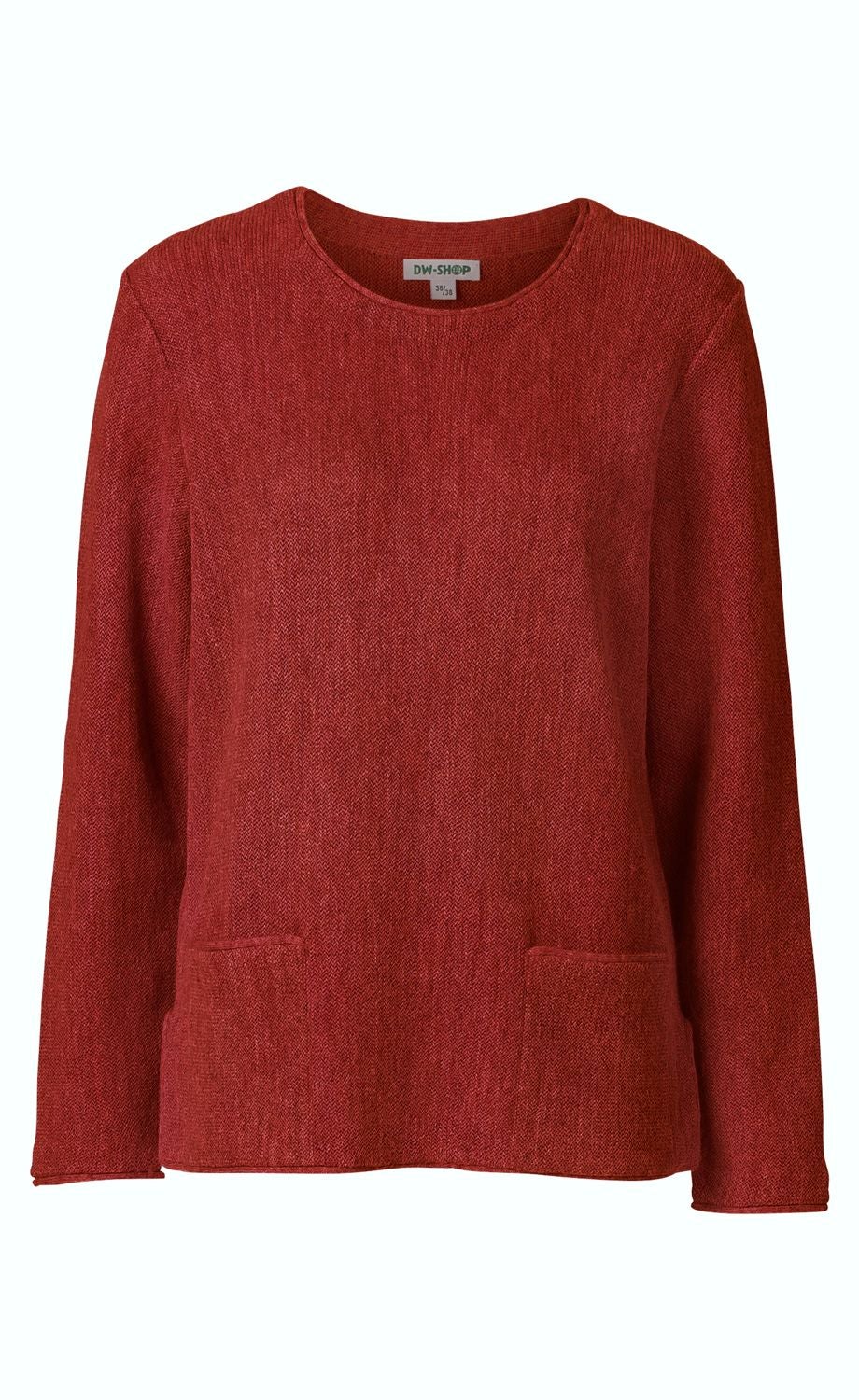 Roter Alpaka-Pullover mit langem Arm, rundem Ausschnitt und zwei kleinen Eingrifftaschen vorne, grob gestrickt, gerade geschnitten, ohne Muster oder Verzierungen, schlicht und warm.