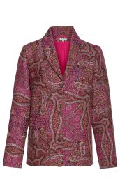 Woll-Jacke mit pink-braunem Paisley-Muster, lange Ärmel, Reverskragen, drei braune Knöpfe vorne, Brusttasche links, tailliert, Innenfutter pink, Größe 38