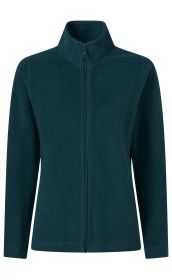 dunkelgrüne Fleecejacke für Damen mit durchgehendem Reißverschluss, Stehkragen und langen Ärmeln, schlichtes Design ohne Muster, weiches Material