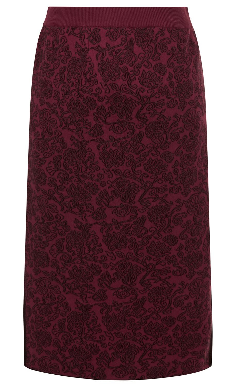 Baumwoll-Rock in Bordeauxrot mit schwarzem floralen Muster, elastischem Bund, knielang, gerade geschnitten, weicher Stoff, elegante Optik, keine sichtbaren Verschlüsse oder Verzierungen.