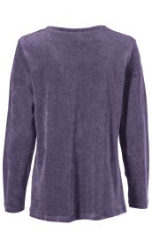 Baumwoll-Shirt in dunklem Violett, lange Ärmel, gerader Schnitt, Rückansicht, schlichtes Design ohne Muster, weicher Stoff mit leicht samtiger Textur, Rundhalsausschnitt, locker fallend