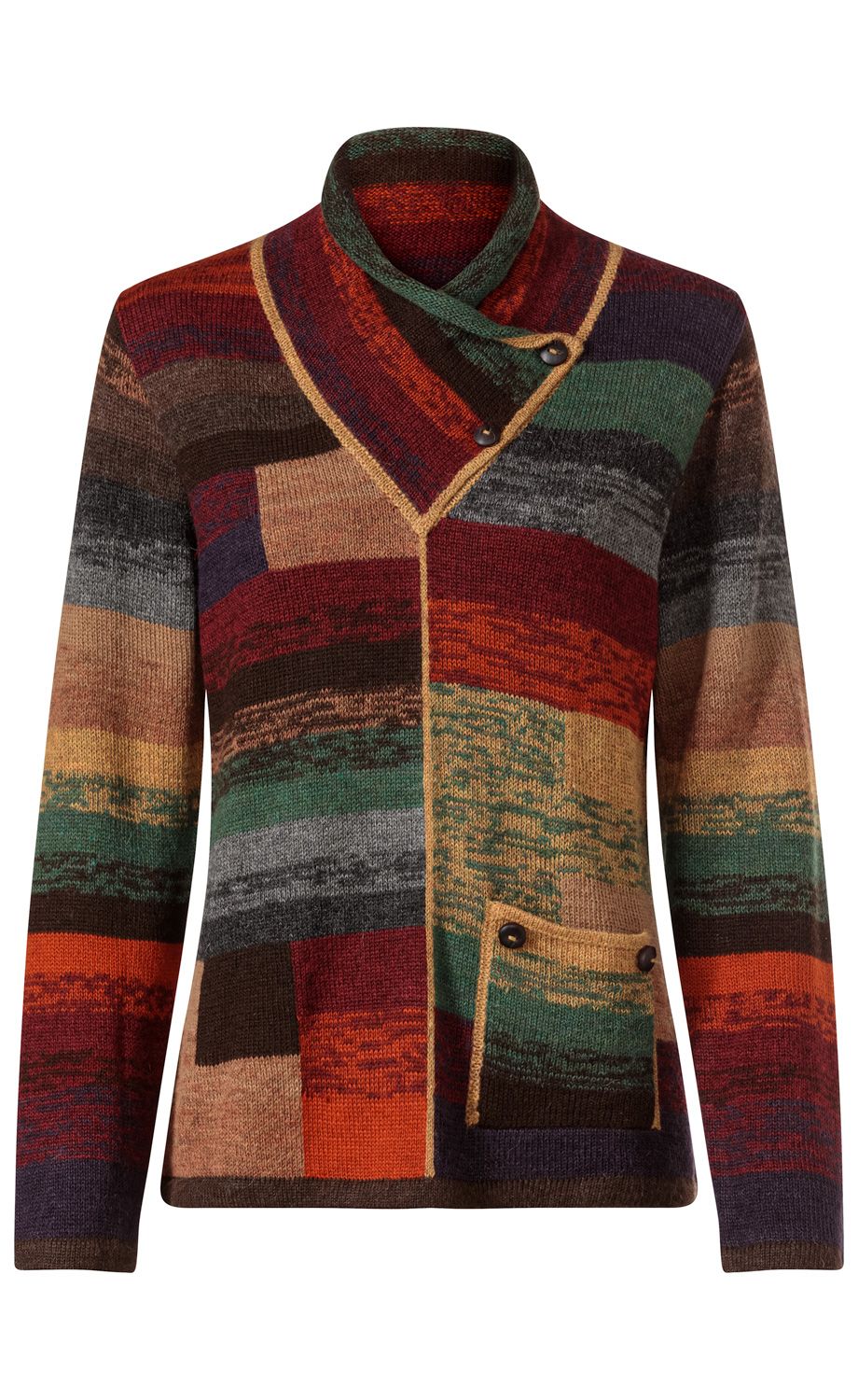 Bunter Alpaka-Pullover mit langen Ärmeln, asymmetrischem Kragen mit zwei Knöpfen, mehreren horizontalen Streifen in Rot, Grün, Braun, Orange, Grau und lila, sowie aufgesetzter Tasche mit zwei Knöpfen vorne rechts.