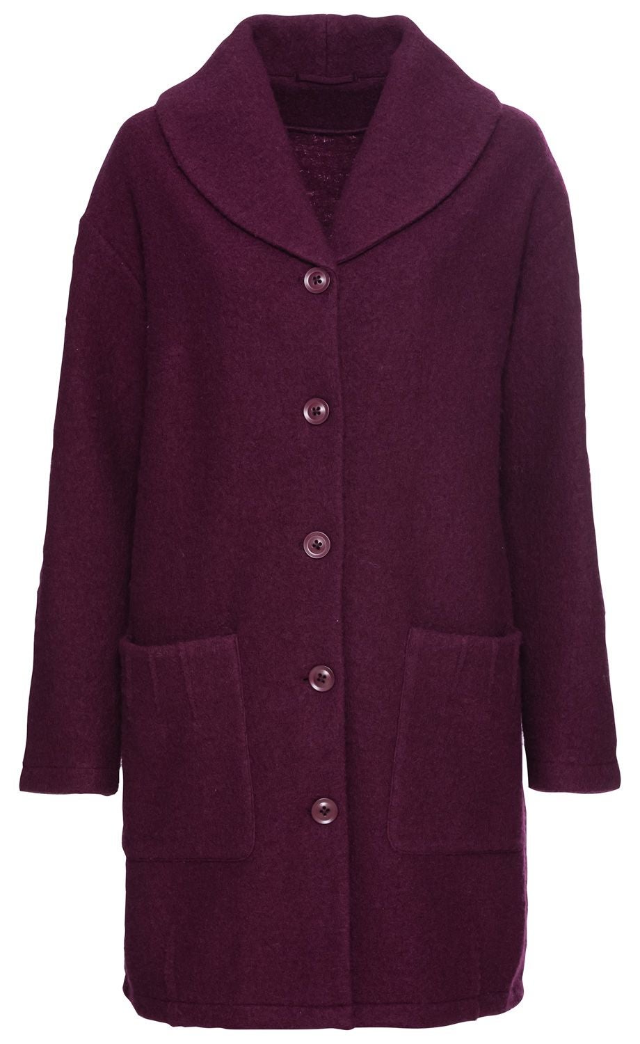 Dunkelrote Woll-Jacke mit großem Kragen, durchgehender Knopfleiste mit fünf Knöpfen, langen Ärmeln und zwei aufgesetzten Taschen vorne, gerade geschnitten, warme und dicke Stoffstruktur.