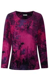 Langärmliges Damen-Shirt in Pink und Lila mit abstraktem, strukturierendem Muster und Rundhalsausschnitt, lockere Passform, Materialien mit leichtem Glanzeffekt, vorne mittig kleines DW-Shop Logo am Kragen sichtbar