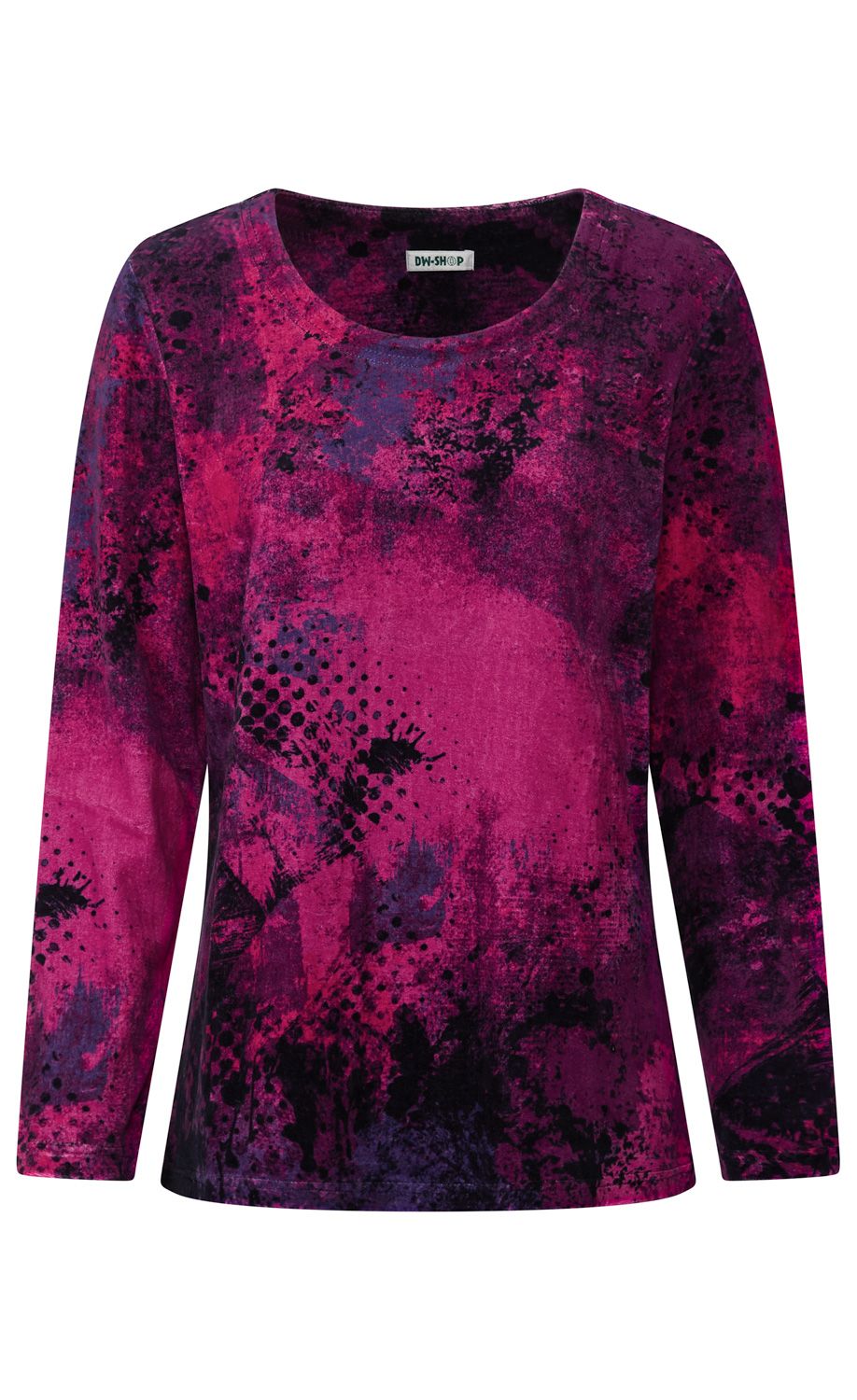 Langärmliges Damen-Shirt in Pink und Lila mit abstraktem, strukturierendem Muster und Rundhalsausschnitt, lockere Passform, Materialien mit leichtem Glanzeffekt, vorne mittig kleines DW-Shop Logo am Kragen sichtbar