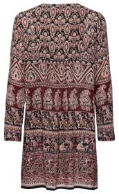 Viskose-Kleid mit langem Arm, Rückansicht, farblich in Bordeaux und Schwarz, mit komplexem ethnischem Muster aus floralen, geometrischen und figürlichen Elementen, locker fallend, leicht tailliert