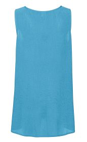 Ärmelloses Viskose-Top in Hellblau, Rückansicht, rundhalsausschnitt, gerade geschnitten, leicht transparenter Stoff, schlichtes Design, locker sitzend