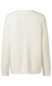 Weiße Baumwoll-Strickjacke, von hinten, mit langen Ärmeln, Strukturstrickmuster, geradem Saum und schlichter Passform, ohne sichtbare Verschlüsse oder Verzierungen, minimalistisches Design