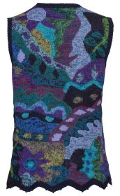 Bunte Alpaka-Weste mit abstraktem Muster in Blau-, Grün-, Violett- und Grautönen, floralen und organischen Formen, wendbarer Strickstoff, gewellter Saum, ärmellos, Rückseite sichtbar