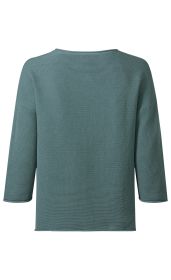 Baumwoll-Pullover in gedämpftem Grün, Rückansicht, feine strukturierte Maschenoptik, rundhalsausschnitt, dreiviertellange Ärmel, gerade geschnitten, schlichtes Design, mittlere Länge
