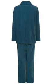 blauer Cord-Hausanzug bestehend aus langärmligem Oberteil mit Stehkragen und geraden Hosen, Rückenansicht, locker sitzend, weiches Material