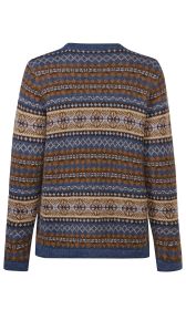 Rückansicht einer Alpaka-Strickjacke mit langem Arm, in Blau-, Braun- und Beigetönen, mit traditionellem Norwegermuster aus Rauten und Streifen, feine Strickstruktur, gerader Saum