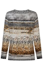 Langärmliges Damenoberteil mit rundem Ausschnitt, Animal-Print-Muster in Schwarz, Weiß, Braun und Beige, gemischte Struktur mit Schlangen- und Leopardenmotiven in horizontalen Streifen, Rückansicht