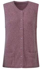 Ärmellose, violette Strickweste mit Rundhalsausschnitt, durchgehender Knopfleiste vorne und zwei aufgesetzten Taschen auf Hüfthöhe, schlichtes Design, weiche Textur.