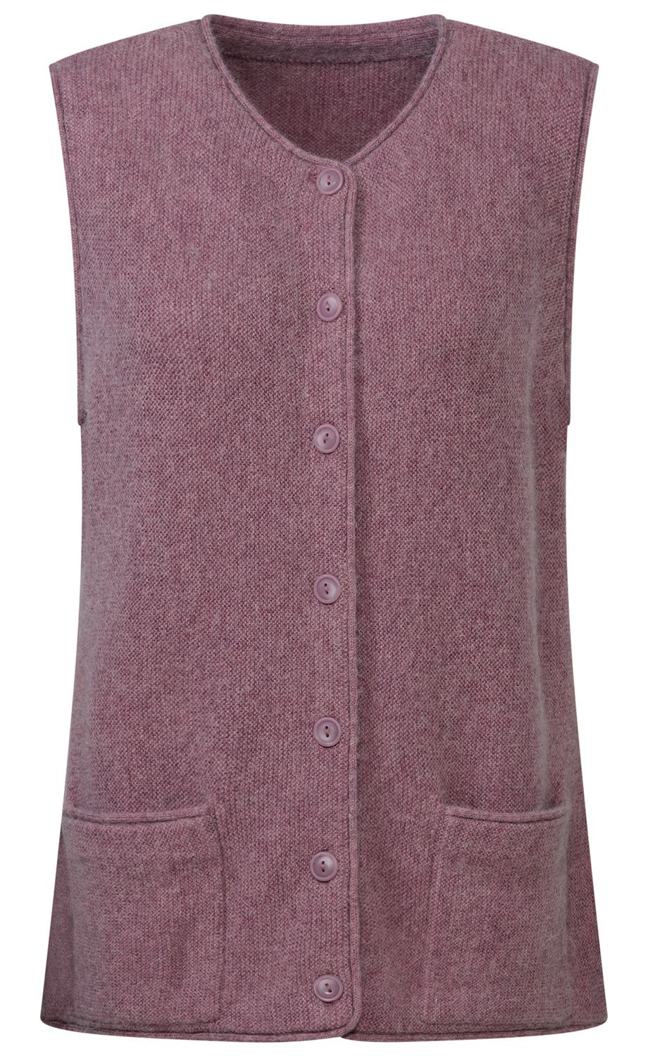 Ärmellose, violette Strickweste mit Rundhalsausschnitt, durchgehender Knopfleiste vorne und zwei aufgesetzten Taschen auf Hüfthöhe, schlichtes Design, weiche Textur.