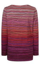 Baumwoll-Shirt mit langen Ärmeln, Rückansicht, eng anliegendes Modell, horizontale Streifen in Schwarz, Rosa, Rot und Lila, weiche und leichte Stoffstruktur, abgerundeter Saum