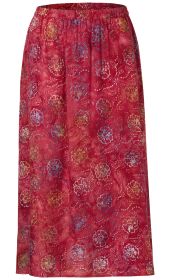 Roter Viskose-Rock mit floralem Muster in Blau, Gelb und Weiß, elastischem Bund und knielanger, gerader Form.