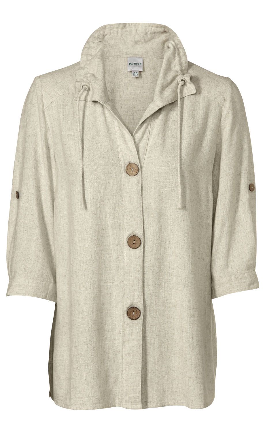 Beige Viskose-Mix-Bluse mit halblangen Ärmeln, braunen Holzknöpfen, Kordelzug am Kragen und kleiner Knopfleiste an den Ärmeln, Größe 38, strukturierter Stoff, lässiger Schnitt