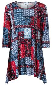 Viskose-Shirt mit 3/4-Ärmeln, Rundhalsausschnitt und asymmetrischem Saum, Patchwork-Muster aus roten, blauen und weißen floralen und geometrischen Motiven