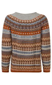 Alpaka-Pullover mit Rundhalsausschnitt, gemustert in Erdtönen, Blau und Rostrot, mit traditionellen Fair-Isle-Designs, langärmlig, weich und warm, Rückansicht