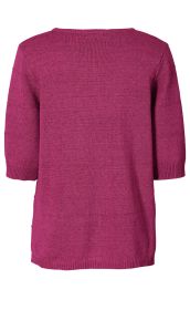 Leinen-Mix-Pullover in kräftigem Pink, kurze Ärmel, gerader Schnitt, feine Strickstruktur, Rundhalsausschnitt, Rückansicht