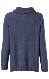 Dunkelblauer Baumwoll-Pullover mit Strukturmuster, langärmlig, mit geripptem Saum und Bündchen, Rückansicht, Stehkragen mit Ziernaht, locker geschnitten
