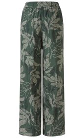 Dunkelgrüne Viskose-Hose mit weitem Bein und elastischem Bund, bedruckt mit cremefarbenen und schwarzen Blattmustern.