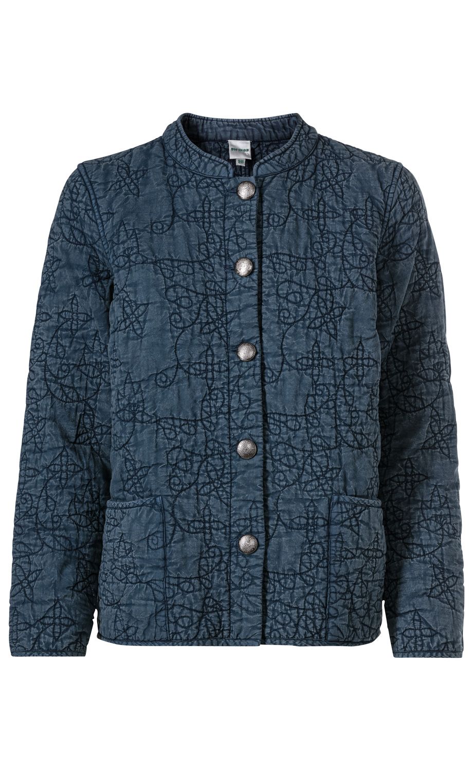 dunkelblaue Baumwoll-Jacke mit Steppmuster, mit dunklen grafischen Linien, Rundhalsausschnitt, silbernen Knöpfen vorne und zwei aufgearbeiteten Taschen, langärmlig, gerade geschnitten, Größe 38