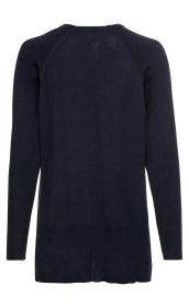 Rückansicht eines dunkelblauen Baumwoll-Mix-Pullovers mit langen Ärmeln, Rundhalsausschnitt, gerippten Ärmelabschlüssen und Saum, schlichter pullover ohne Muster oder Verzierungen